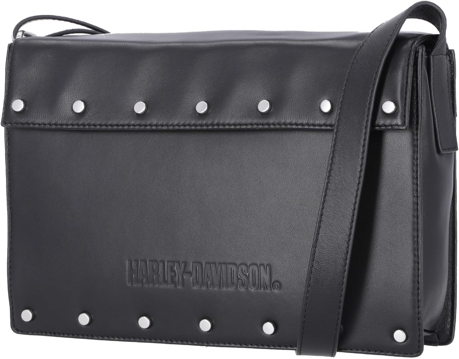 Harley-Davidson Women's Script Logo Flat Stud Flap Crossbody Bag, Black