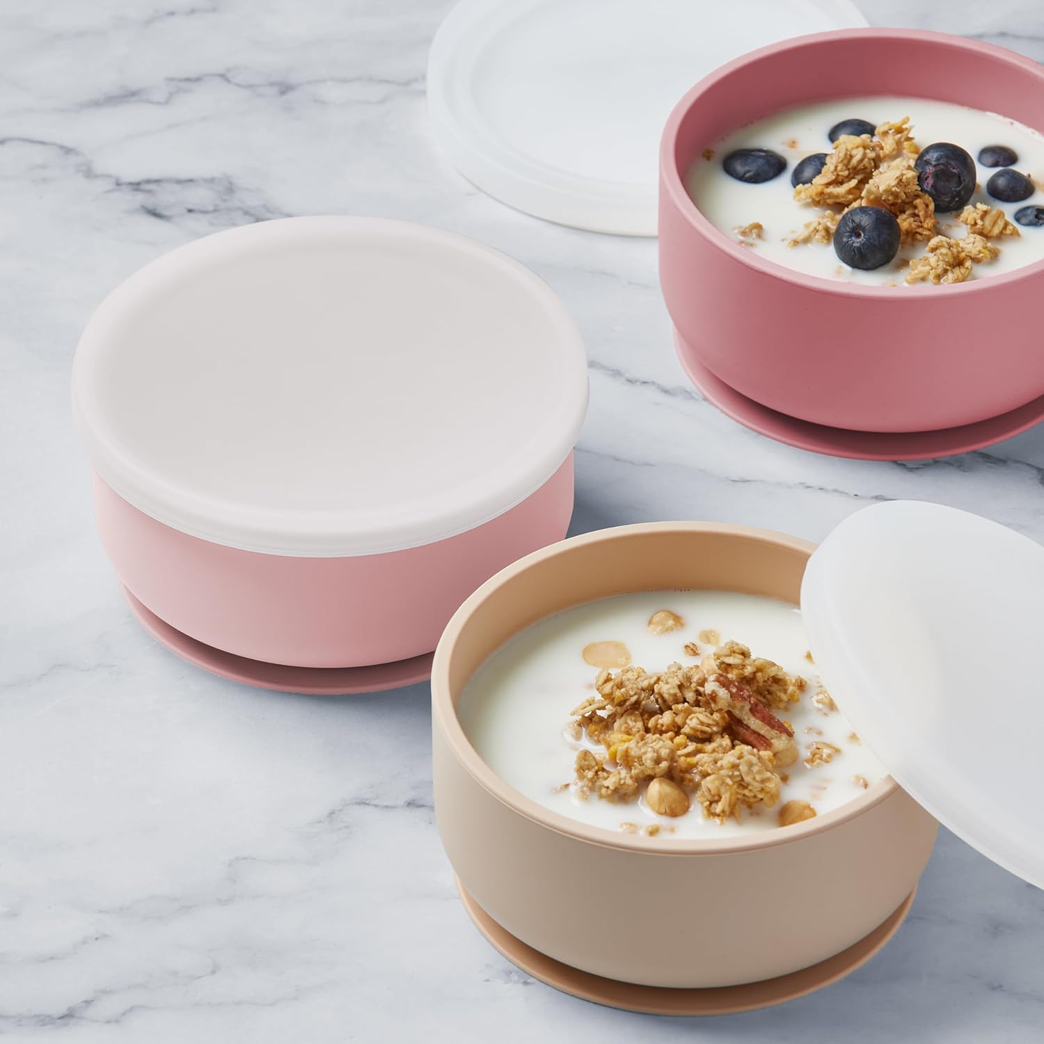 Navik | Silicone baby bowls with suction | toddler bowls | baby bowls with lids | pink and beige, Regular