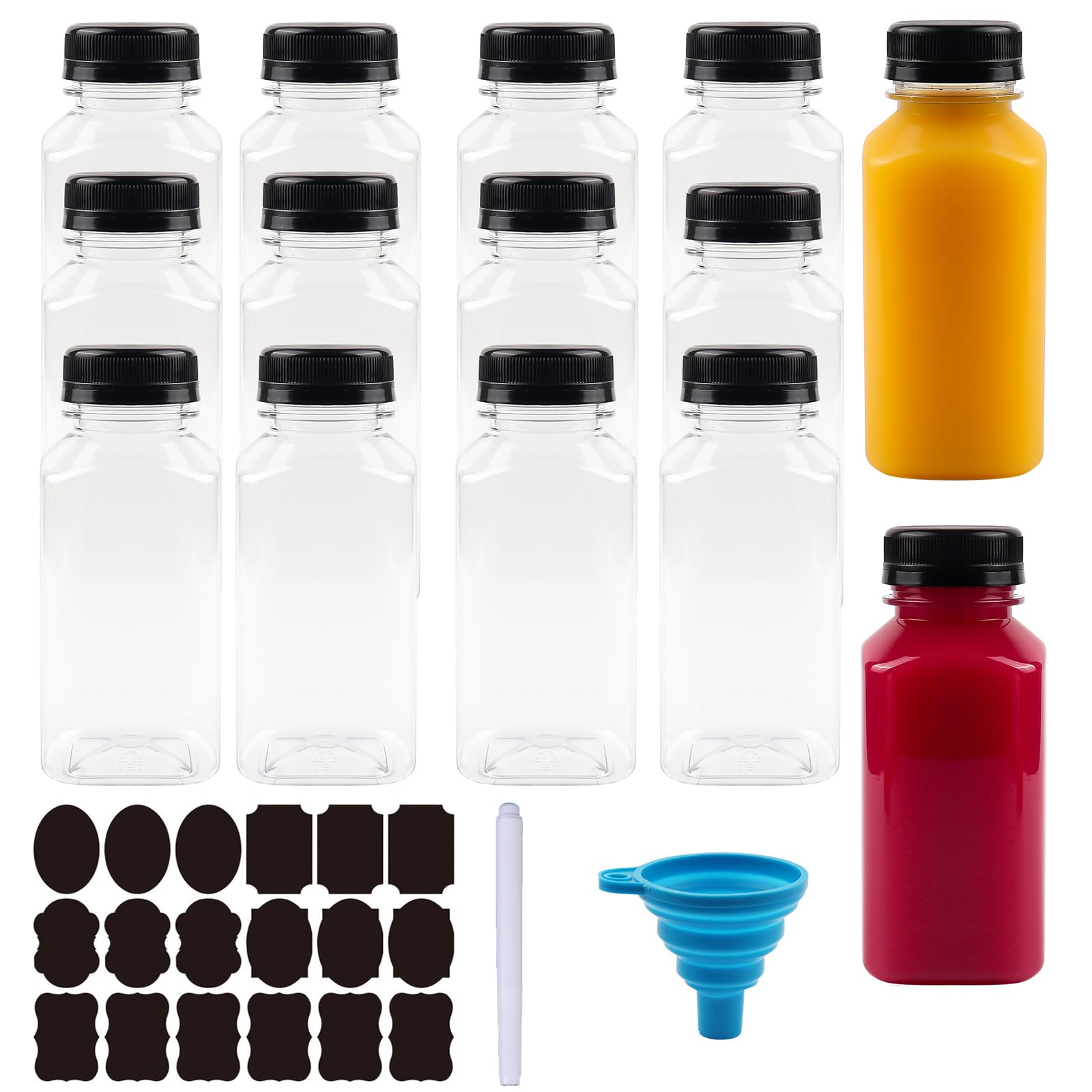 Puste butelki na sok z czarnymi pokrywkami, 14 plastikowych butelek na napoje smoothie, 230 ml, przezroczyste pojemniki na napoje wielokrotnego użytku, do mini lodówki, sokowirówki, małej