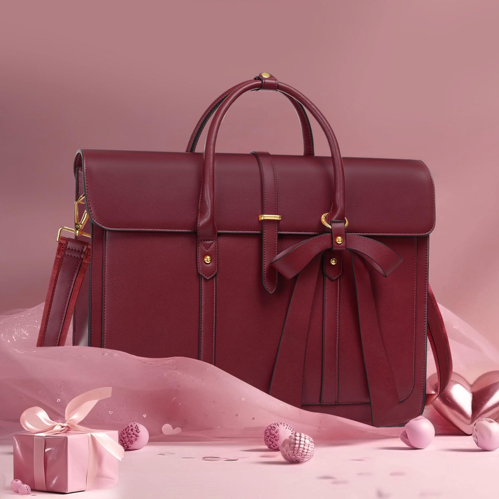 MOSISO Laptop Bag for Women, 15-15.6 inch PU Leather Laptop Shoulder Bags Convertible Backpack, 16 inch Messenger Bags Casual Handbag Work Briefcase Travel Computer Bag with Bowknot, Black: Wine Red 14 inch