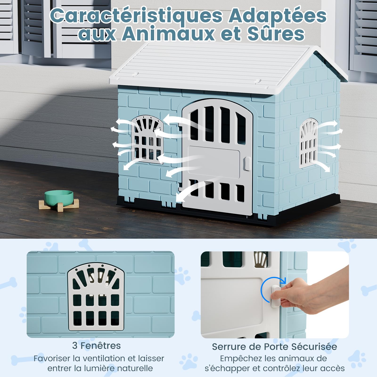 GOPLUS Niche pour Chien Exterieur XXL en PP, Cabane Chien Imperméable&Ventilé, Maison pour Chiot Interieur avec Porte, 3 Fenêtres, Toit Incliné, Plancher Surélevé (Bleu, 75x58x65CM)