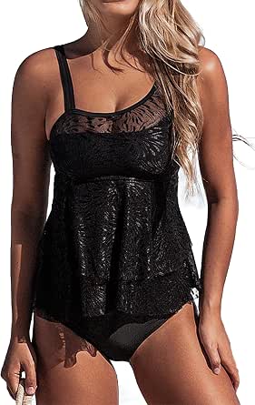 Beachsissi Costume da bagno da donna floreale rosa increspato due pezzi costumi da bagno a vita alta controllo pancia spalline larghe tankini set, Vino, S