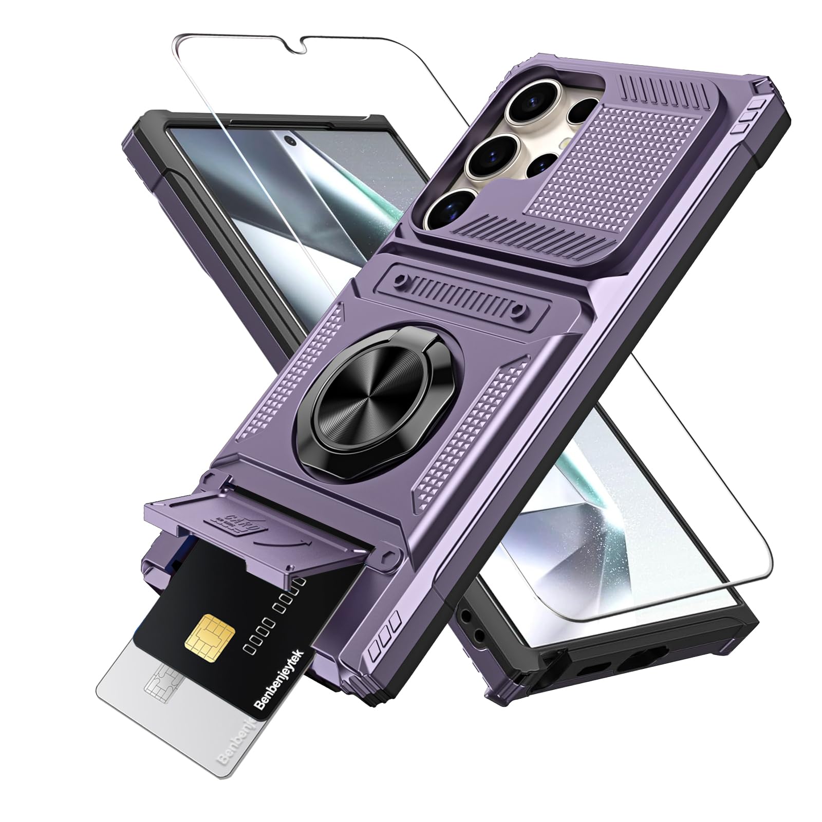 Benbenjaytek for Samsung Galaxy S25 Ultra Wallet Case with Card Holder + 1 Screen Protector, (2 Cards) & 360°Ring Kickstand Military Grade Drop