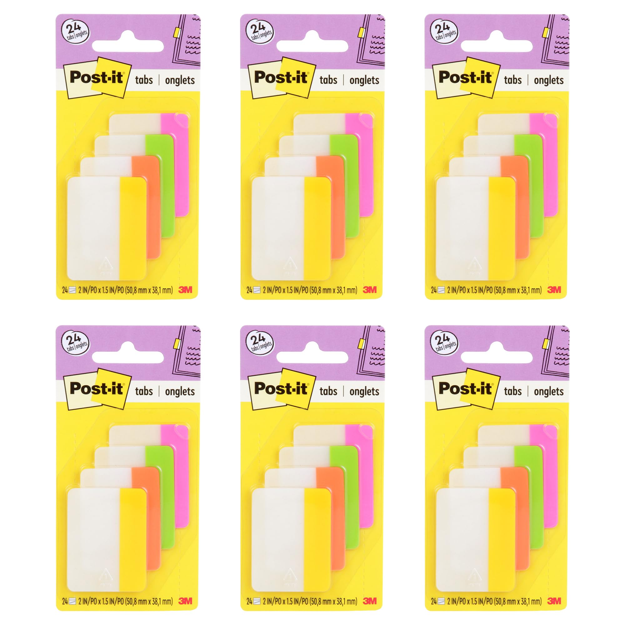 Post-it Dividing Tabs, 2 in. x 1.5 in. (50.8 mm x 38 mm), Durable, Writable & Repositionable for File Folders/Binders, Solid Assorted Bright Colors, 6-Pack (144 Tabs Total)