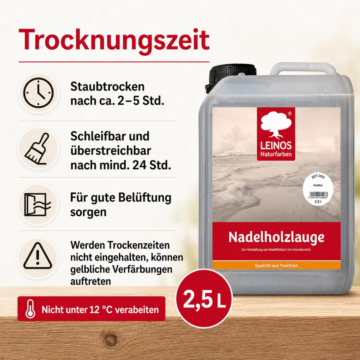 LEINOS 927 Nadelholzlauge Farblos 2,50 l – Veredelung für Kiefer & Fichte im Innenbereich – Stoppt Vergilbung, bewahrt natürliche Optik – Für Böden, Möbel & Decken – Ergiebig & natürlich