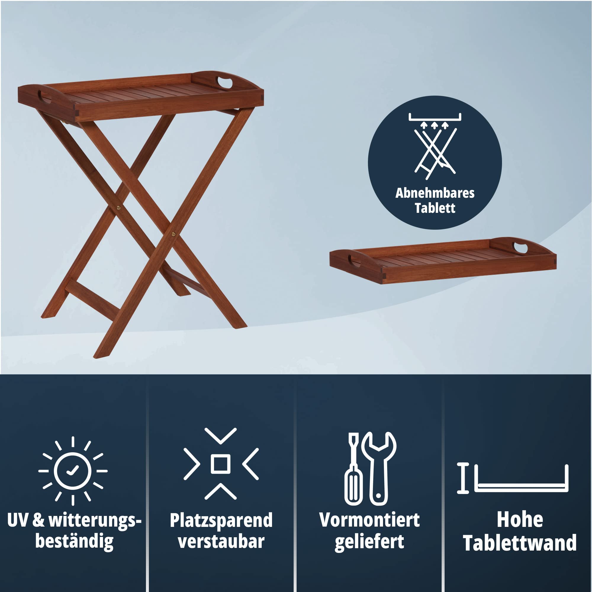 KHG Beistelltisch aus Akazien-Echtholz mit abnehmbarem Tablett mit Schüttrand, tragbar, klappbar, wetterfest, In- & Outdoor, Abstelltisch 20 kg belastbar, Dunkelbraun