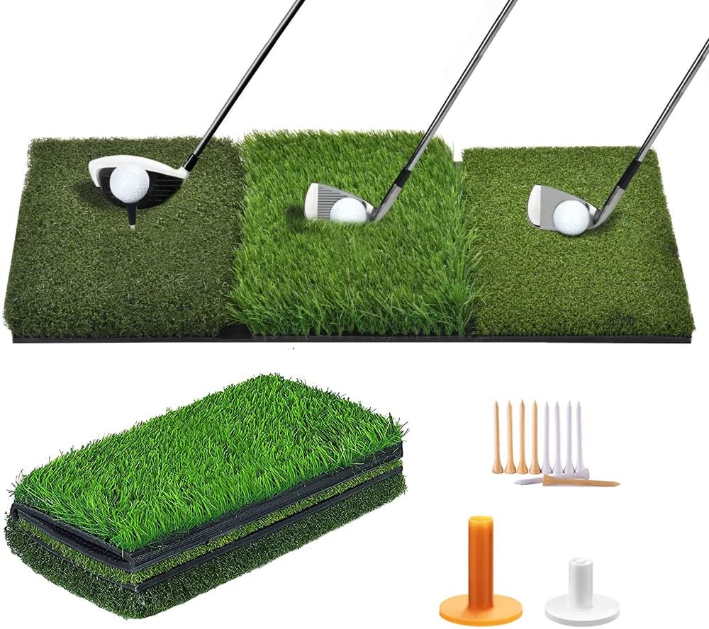 Golf Hitting Mat, Turf Grass 3-in-1 Collapsible Chipping Mat with Tees, Launch Pad for Backyard, Practice Putting Green Training Aids, Indoor | Outdoor