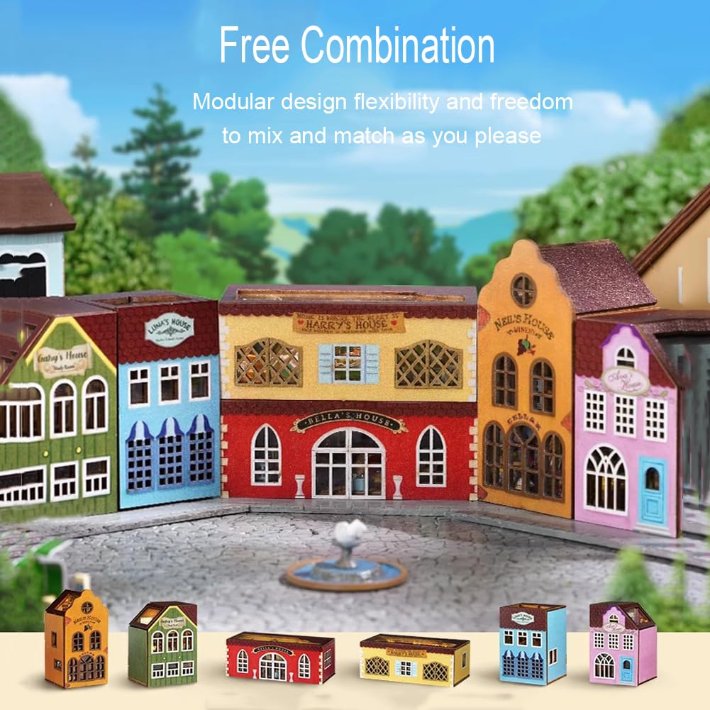 TOPBSFARNY DIY House Craft Kits, Cute Rabbit Doll Houses Miniature Building Kits with Furniture Dollhouse for Birthday Gifts DIY House Kit Creative Room Miniature (Small Town 6 Piece Set)