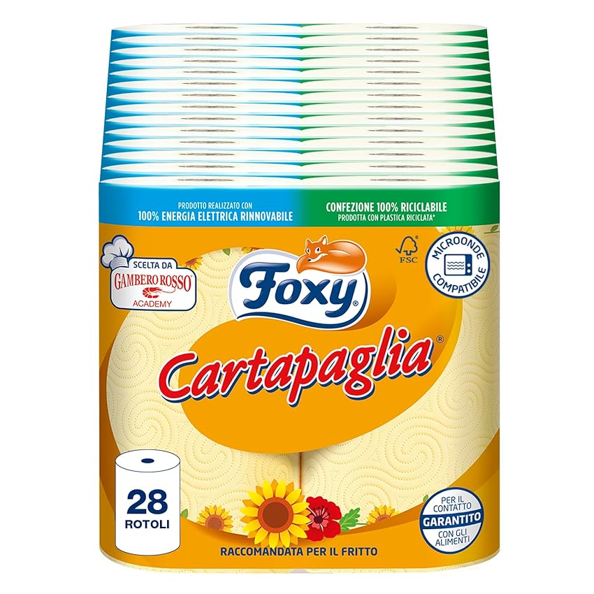 Immagine del prodotto Foxy Cartapaglia | Asciugatutto 2 rotoli | 2 veli elevato spessore Vortici Super-Assorbenti | FSC |100% Energia elettrica rinoabile | Confezione 100% riciclabile prodotta con plastica riciclata