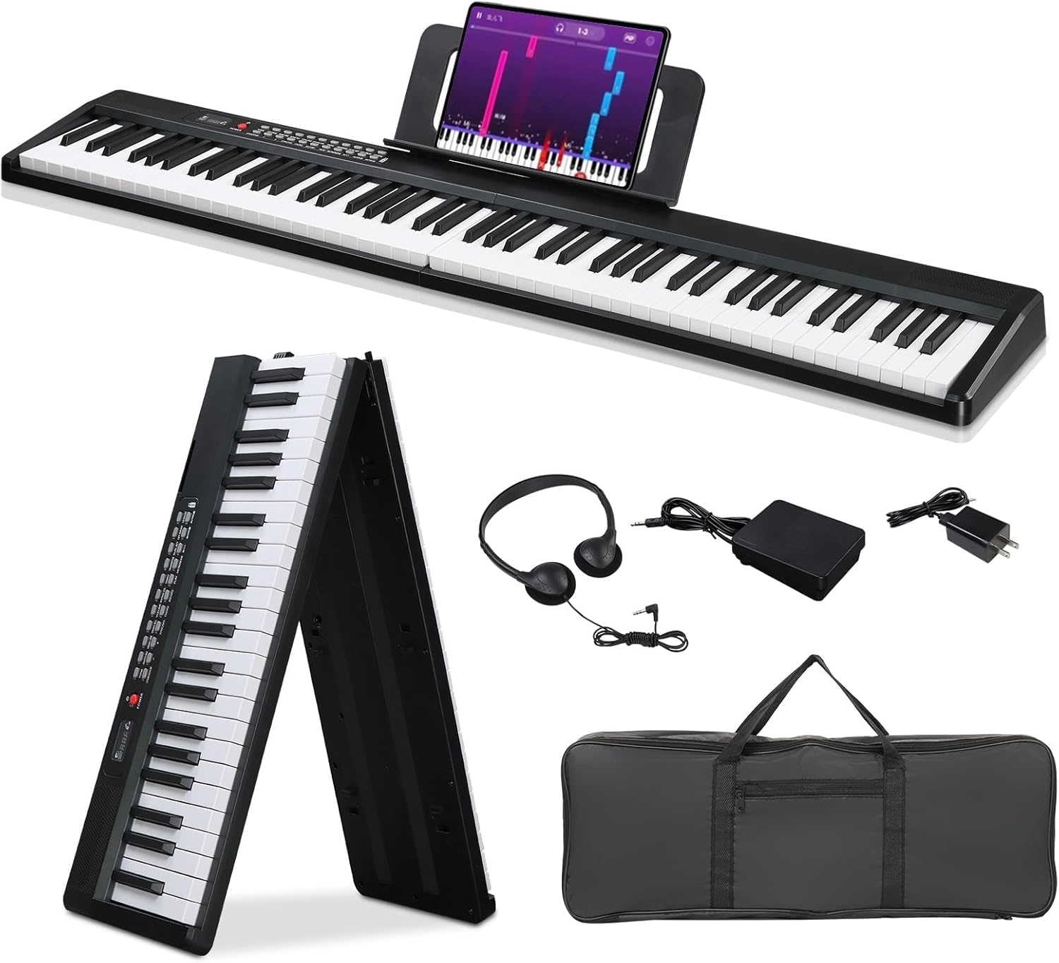 Ktaxon Foldable Piano Keyboard 88 Key Electronic Keyboard Piano with A Portable Bag, Professional Pedal, Stereo Headphones and Smart MIDI Bluetooth Function(Black)