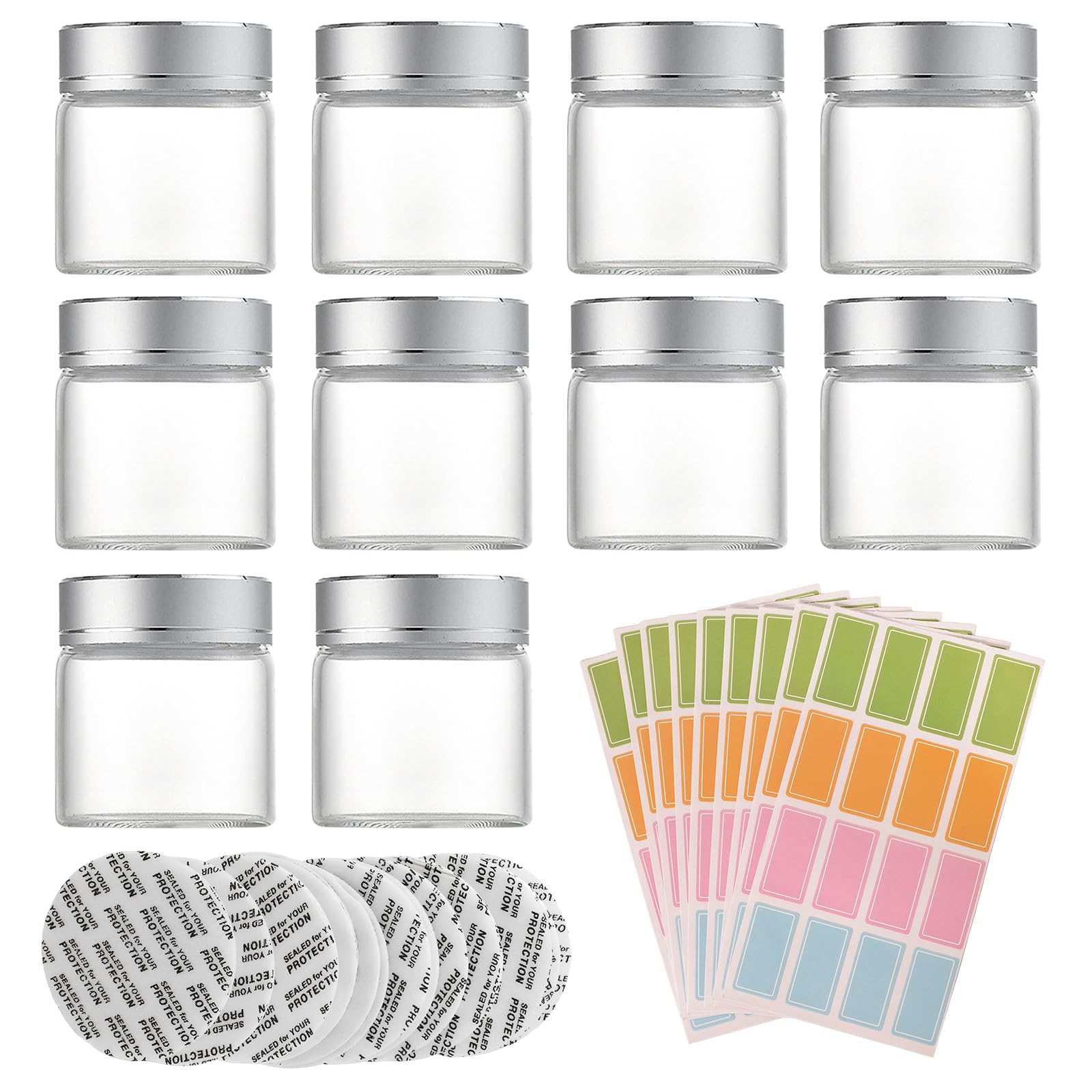 12 Pezzi Mini Barattoli di Vetro 50 ml con Coperchio ed Etichette, Contenitori Trasparenti per Lozione, Crema, Unguenti, Erbe, Spezie