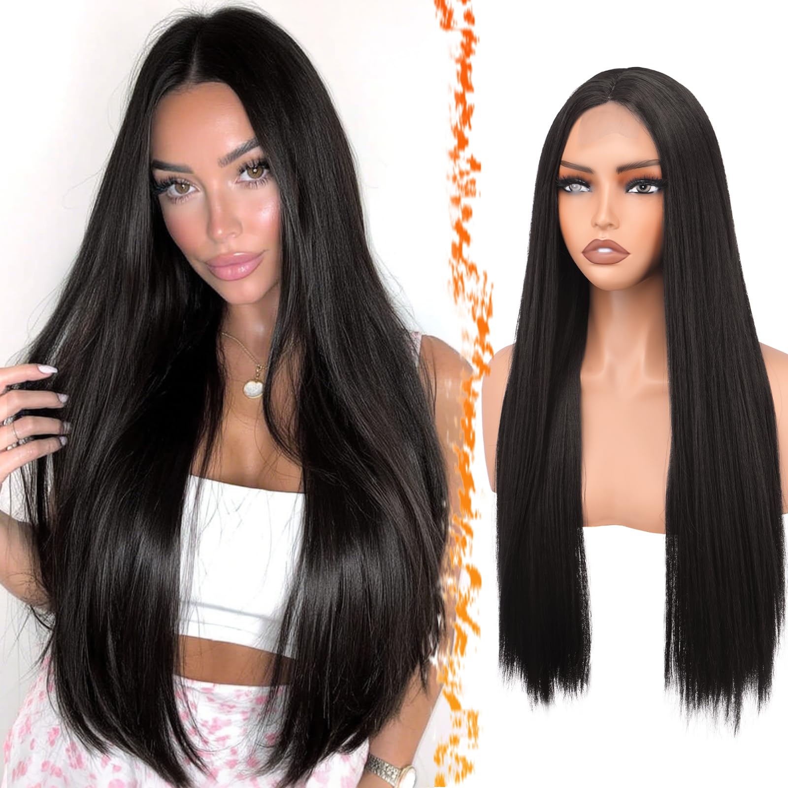 BARSDAR Lunga Lisci Marrone Scuro Parrucche, Lunga Lisci Parte Centrale Parrucca per Donna 71cm Dall'aspetto Naturale Sintetici Capelli Parrucca Partito Halloween Costumi Parrucche