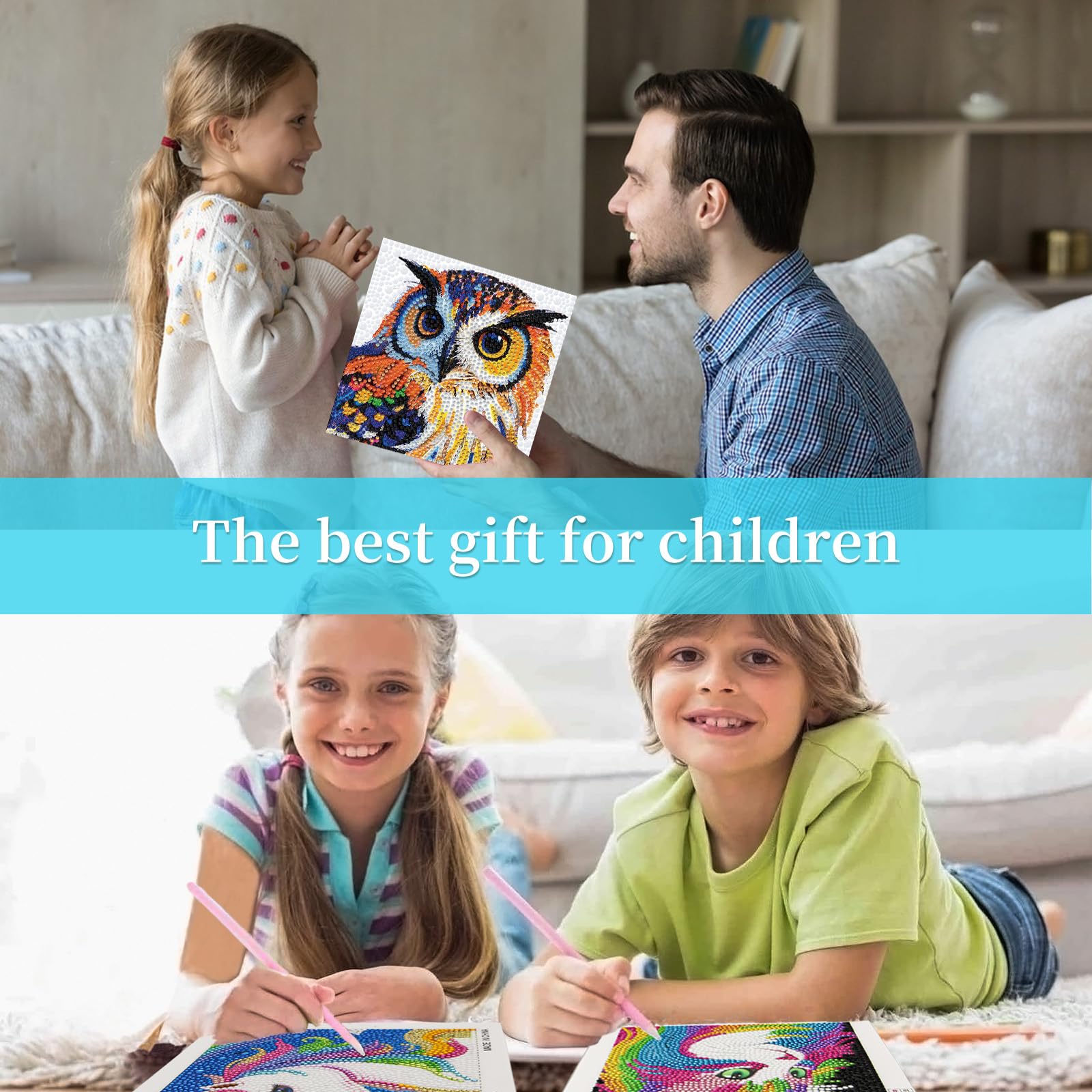 Libfx Kits de arte de diamantes para niños, 4 piezas de arte de diamantes para niñas y niños, principiantes, artes y manualidades para niños de 8 a 12 años (perro búho leopardo tigre -07)