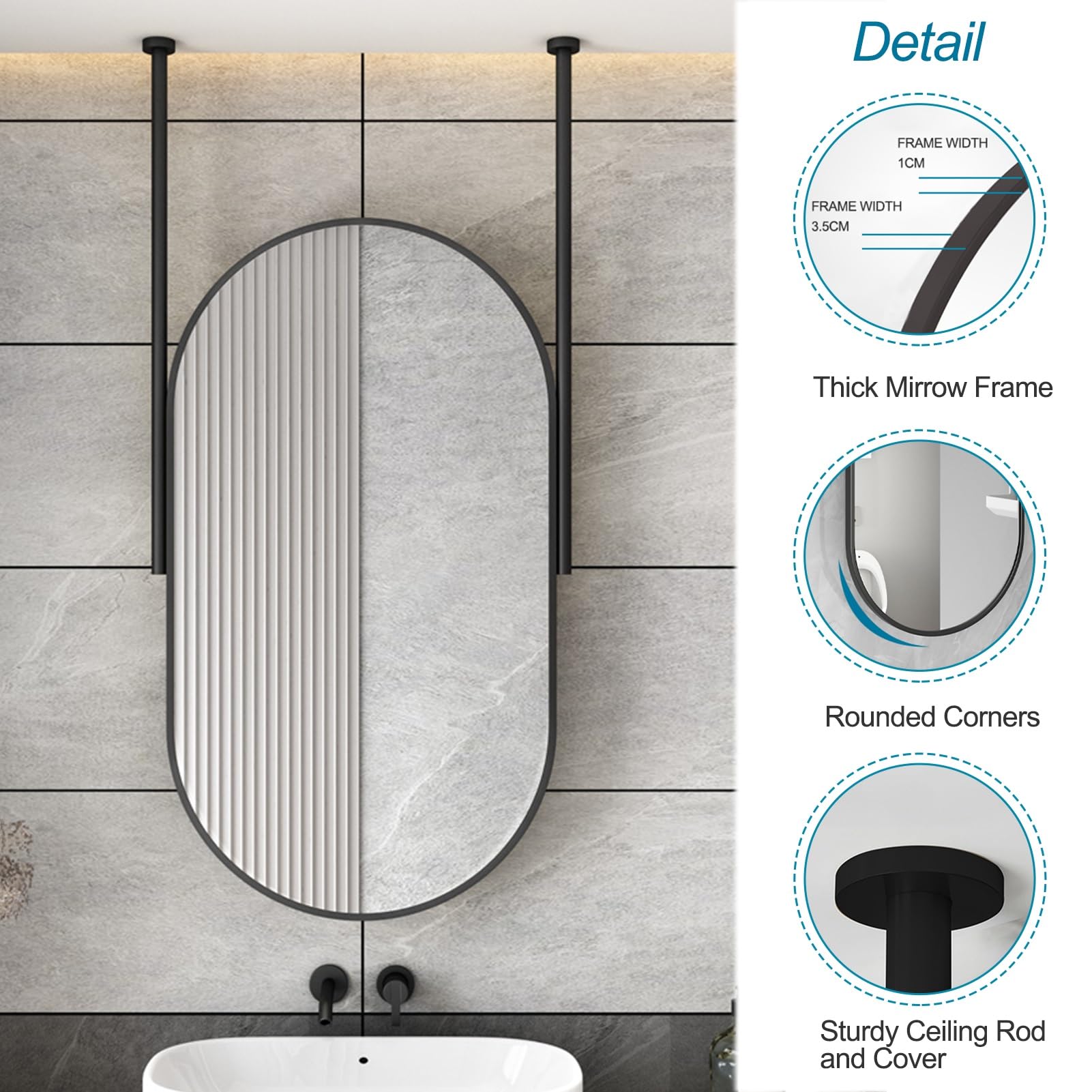 Espejo de Techo con Marco de Metal Negro y Varillas x 2 - Boom Personalizable, Espejos flotantes para tocador de baño, Espejos Decorativos Simples para Pared (tamaño: