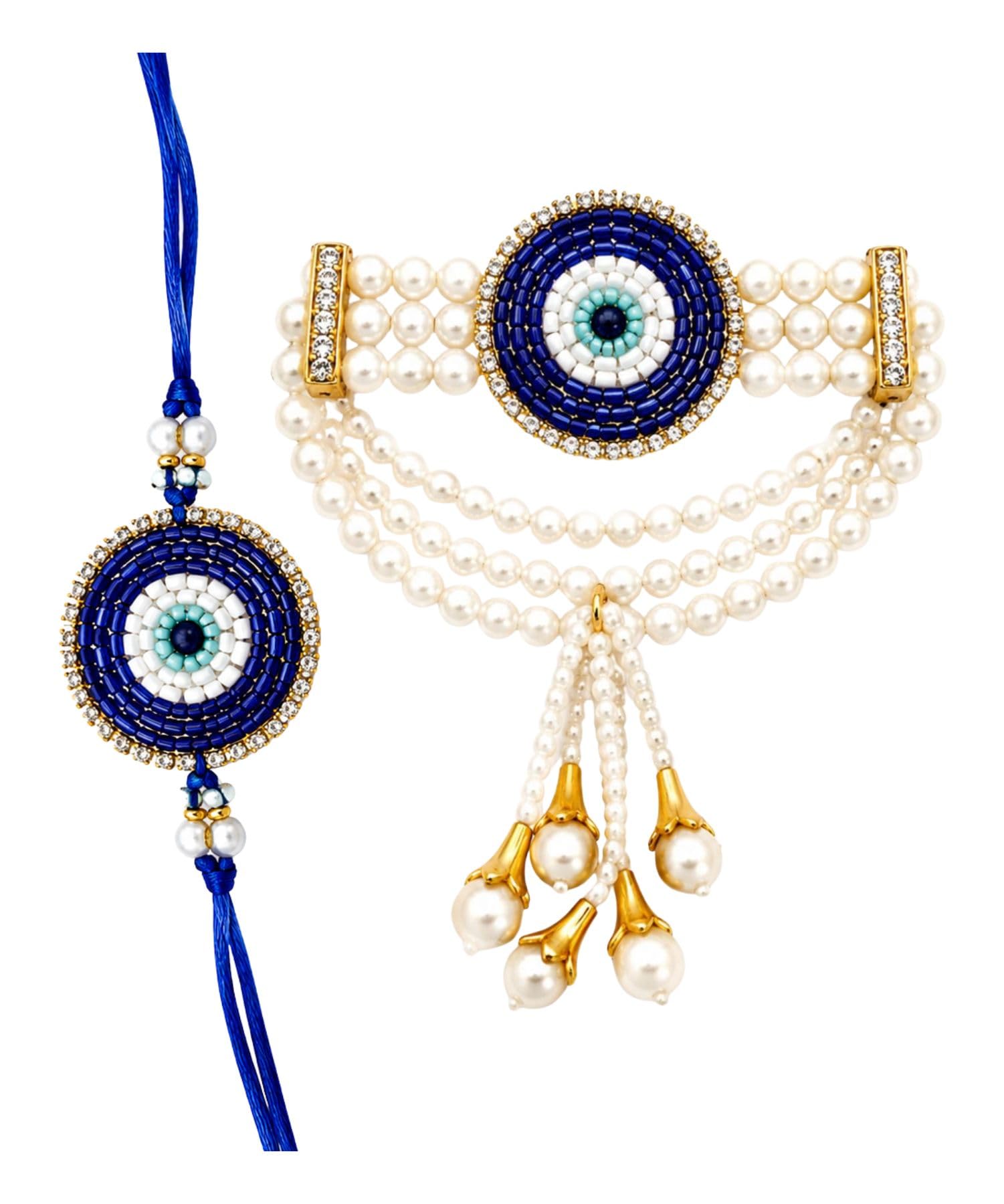 Evil Eye Bhai Bhabhi Rakhi Set with Pearl Lumba Blue Nazar Crystal Beaded Handmade Raksha Bandhan Gift Combo Set-2-image-36