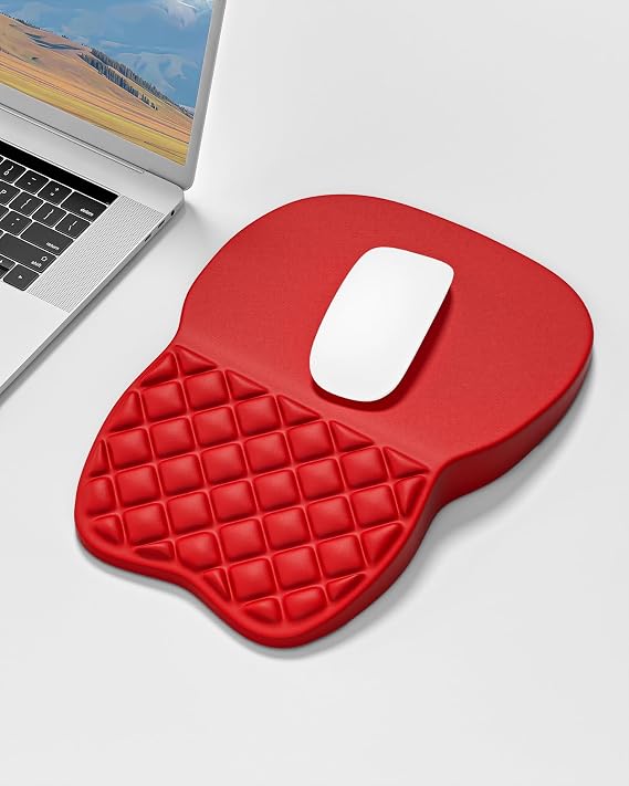 Auhoahsil Ergonomic Mouse Pad with Wrist Rest, Comfortable Slope Computer Mouse Mat with Wrist Support, Memory Foam Filling, Non-Slip Silicone Base, Pain Relief, for Gaming & Work, 8 x 12 in, Red