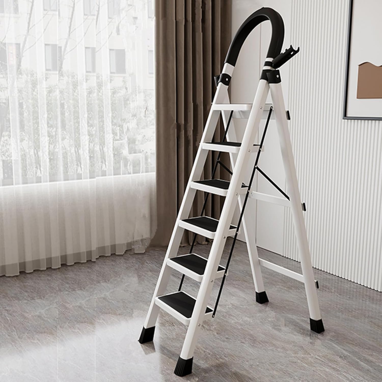 stusgo 6 Step Ladders, Iron Folding Step Ladder,Sepladder Multi Height Platform for Home Office Warehouse, 150kg Capacity Portable Non-Slip Upgrade The Security Buckle (White and Black)