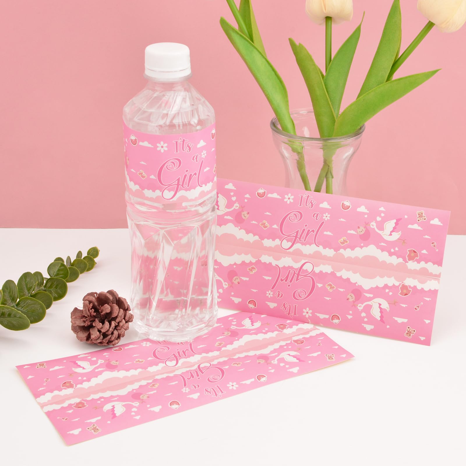 Étiquettes Autocollantes Pour Bouteilles - Baby Shower Fille - Lot De 48 - Rose - 21x5 Cm