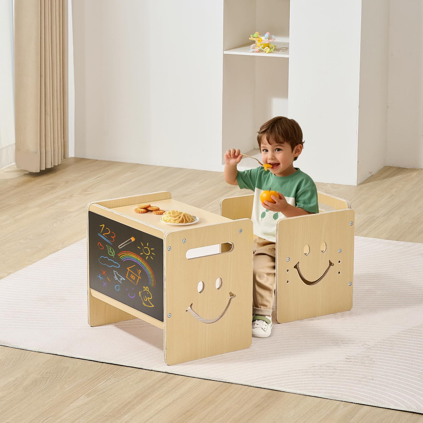 VEVOR Set Tavolo e Sedia per Svezzamento in Legno per Bambini 424 x 300 x 385 mm, Sgabello Regolabile 345 mm