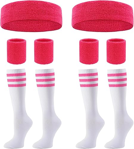 Miniatura 9 de Ultrafun Juego de muñequeras y calcetines a rayas a rayas de los años 80, banda deportiva para el sudor, banda para el sudor, para hombres y mujeres