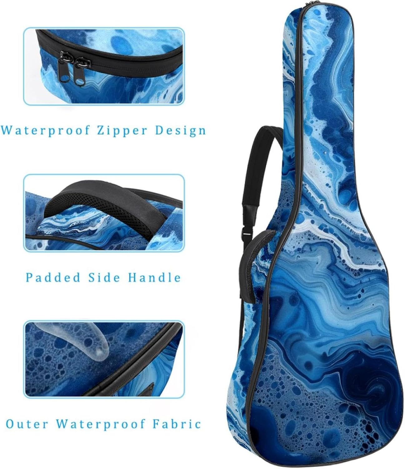 40 41 42 Inch Guitar Bags, Waterproof Padded Acoustic Guitar Case Backpack with Adjustable Shoulder Strap & Pockets, Marble Blue