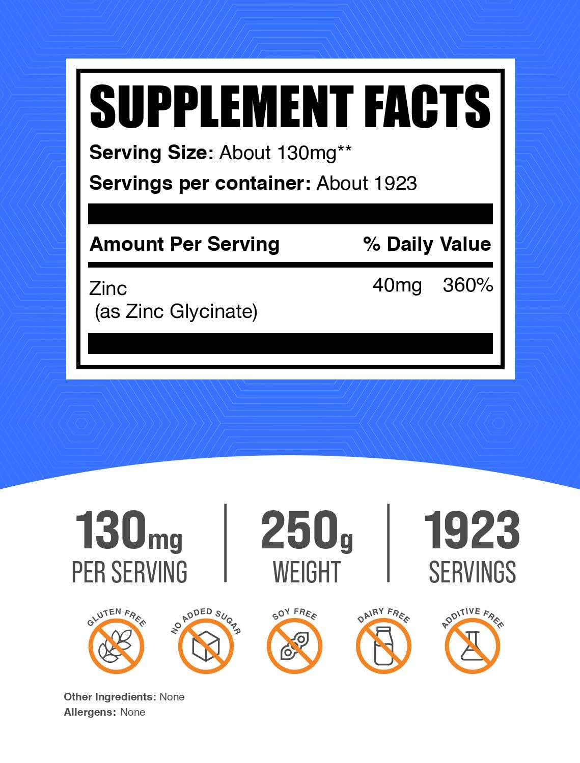 BulkSupplements.com Zinc Glycinate Powder - Zinc Supplement, Mineral Supplement for Immune Support - Gluten Free, 130mg per Serving, 250g (8.8 oz) (Pack of 1) — Amazon image 2