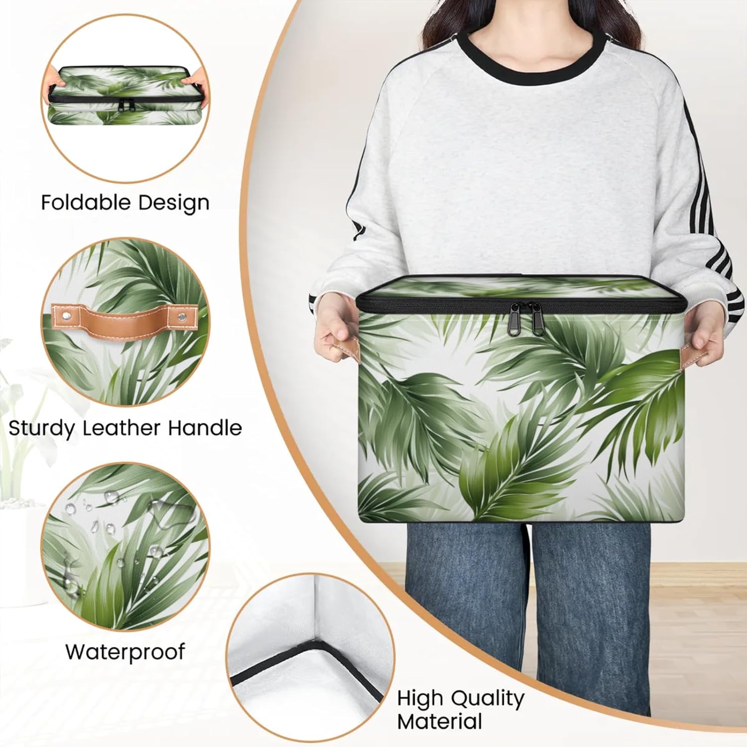 Storage Bin Set of 2 Tropical Leaves Storage Basket with Zipper Lid & Handle Foldable Closet Shelf 2 Pack Cloth Organizer Basket Cube Bins Clothes Organizer for Nursery, Bedroom