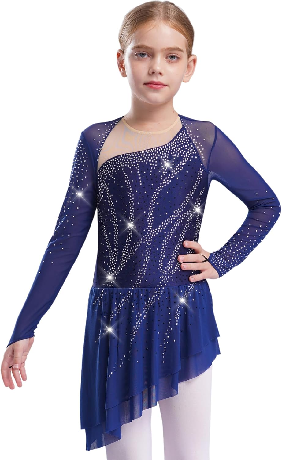 Kids Girls Rhinestones Figure Skating Dress Long Sleeve Ballet Skirted Leotard for Competition Practice