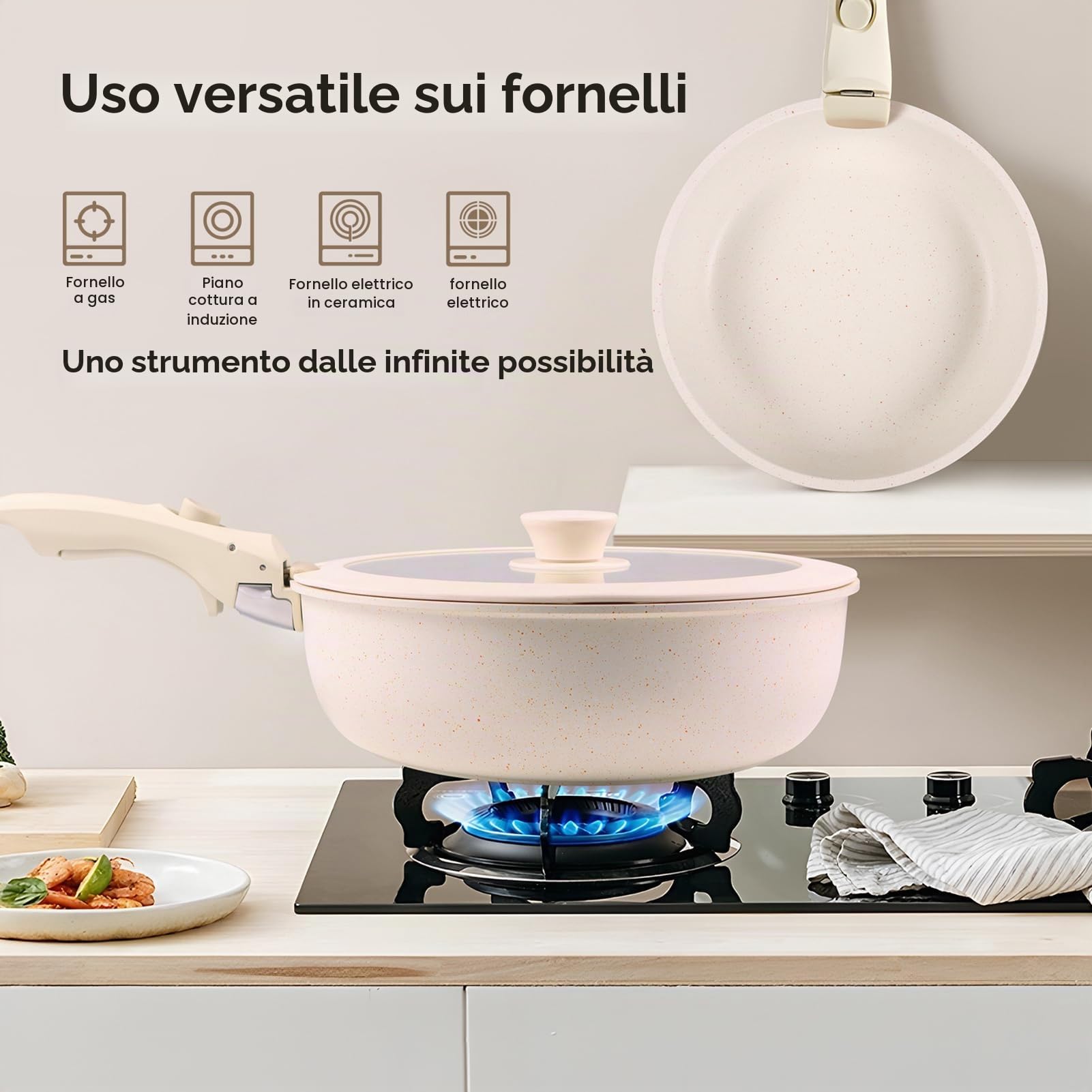 Set di Pentole e Padelle Antiaderenti 11 Pezzi con Manico Rimovibile: Design Impilabile per Forno, Gas, Induzione e Lavastoviglie, Senza PFAS (Blu)