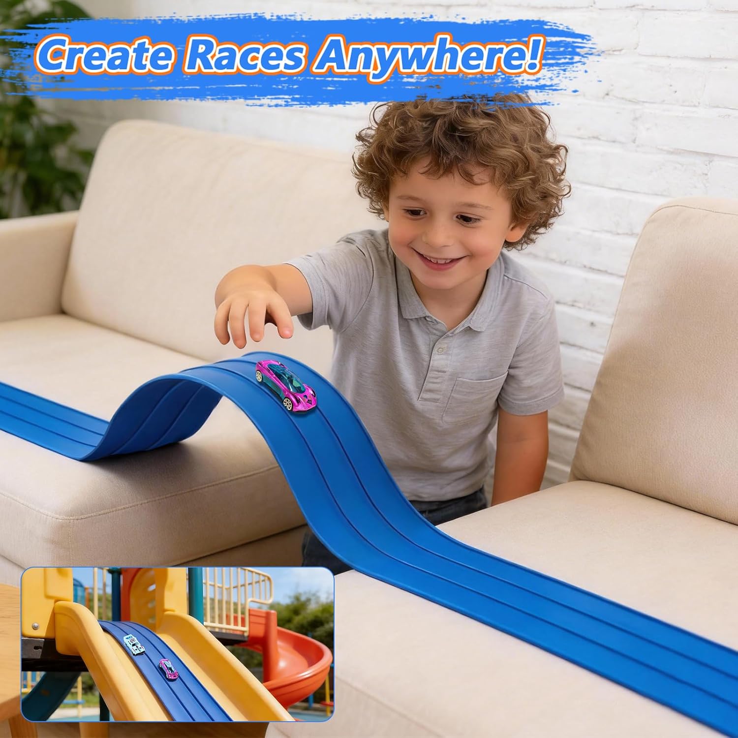 15ft 3-Lane Race Track Compatible with Hot Wheels | Flexible Toy Car Track | Race Track Set with 6 Racecars & 6 Strong Suction Cups | Flex Tracks Compatible with 1:64 Scale Die-Cast Vehicles