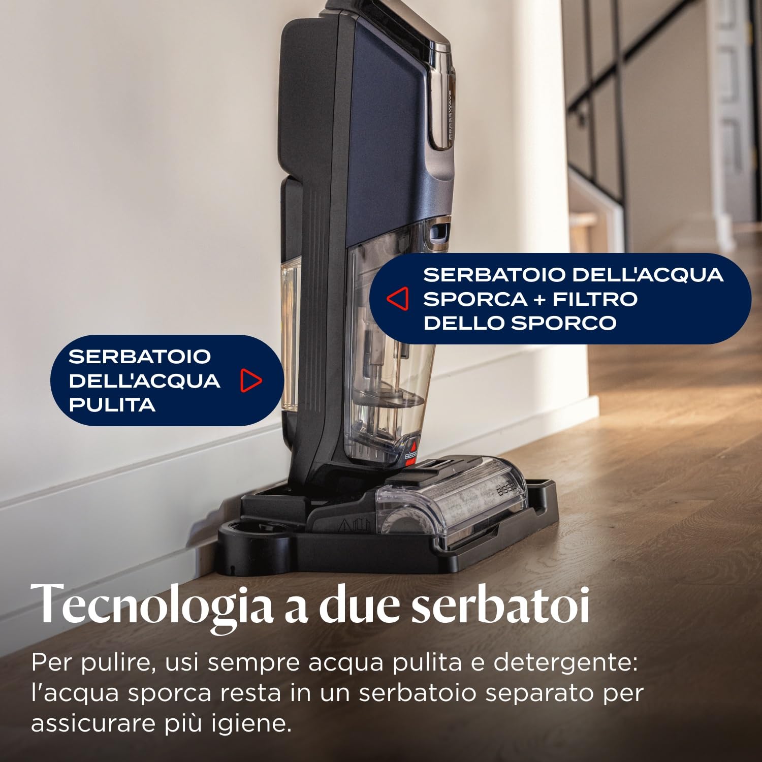 Bissell CrossWave HydroScrub, Aspirapolvere e lavapavimenti senza fili, potente pulitore multisuperficie per pavimenti, autonomia di 45 minuti, con pulizia dei bordi, faretti a LED, 4283N