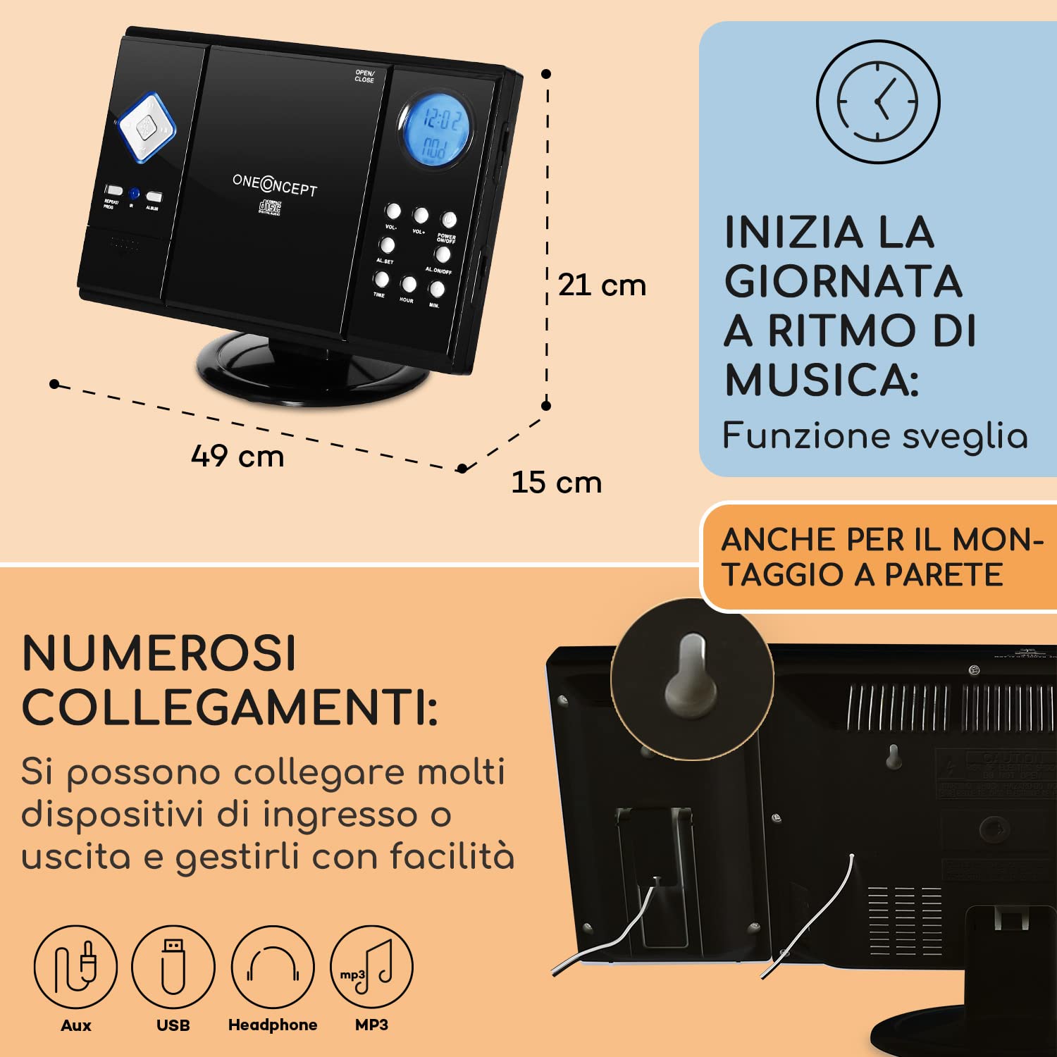 OneConcept Radio Stereo Portatile Con Lettore CD - FM, AUX, USB, SD, Altoparlanti, Telecomando, 3W - Foto 7