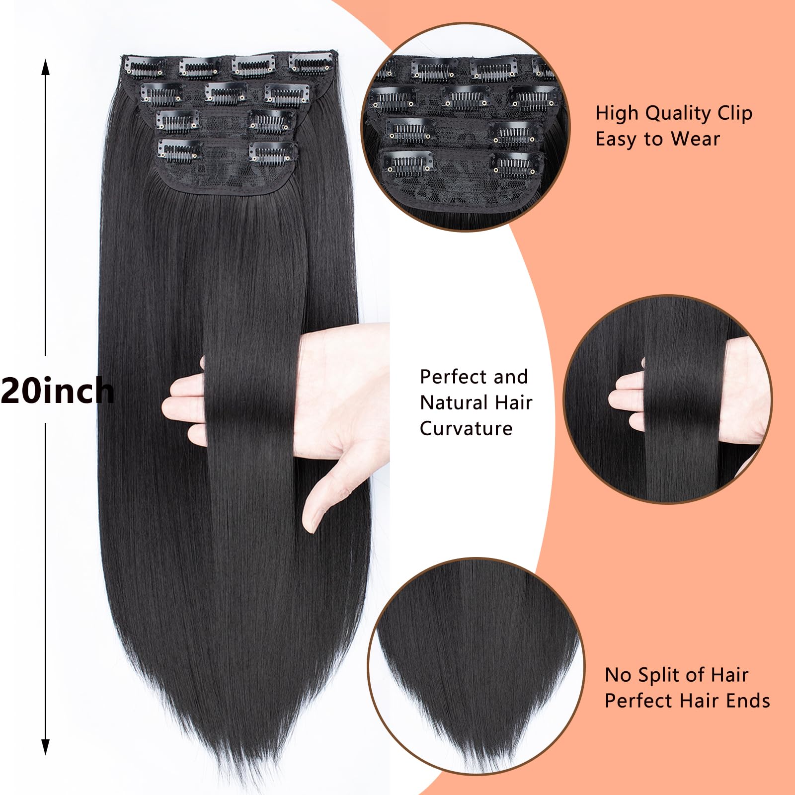 Mscat 20 Inch Black Clip in Hair Extensions Synthetic Thick Hair pieces for Women Girls 4PCS Full Head Set Curly Synthetic Hair Extensions(1B#) - Image 2