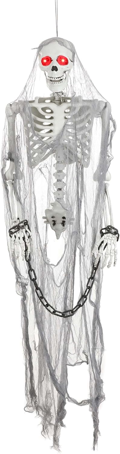 Fun Costumes Hanging Talking Shackled Prisoner Skeleton Outdoor & Indoor Decoration, Light-Up LED Eyes Battery Operated Yard Display