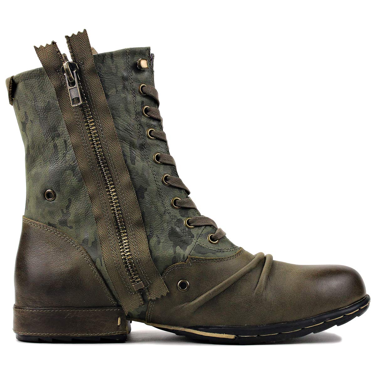 OSSTONE Botas para Moto Botines Hombre de Invierno Piel Zapatos Negras Vestir Nieve Piel Forradas Calientes Planas Combate Militares Cremallera Boots OS-5008-8-H-Green