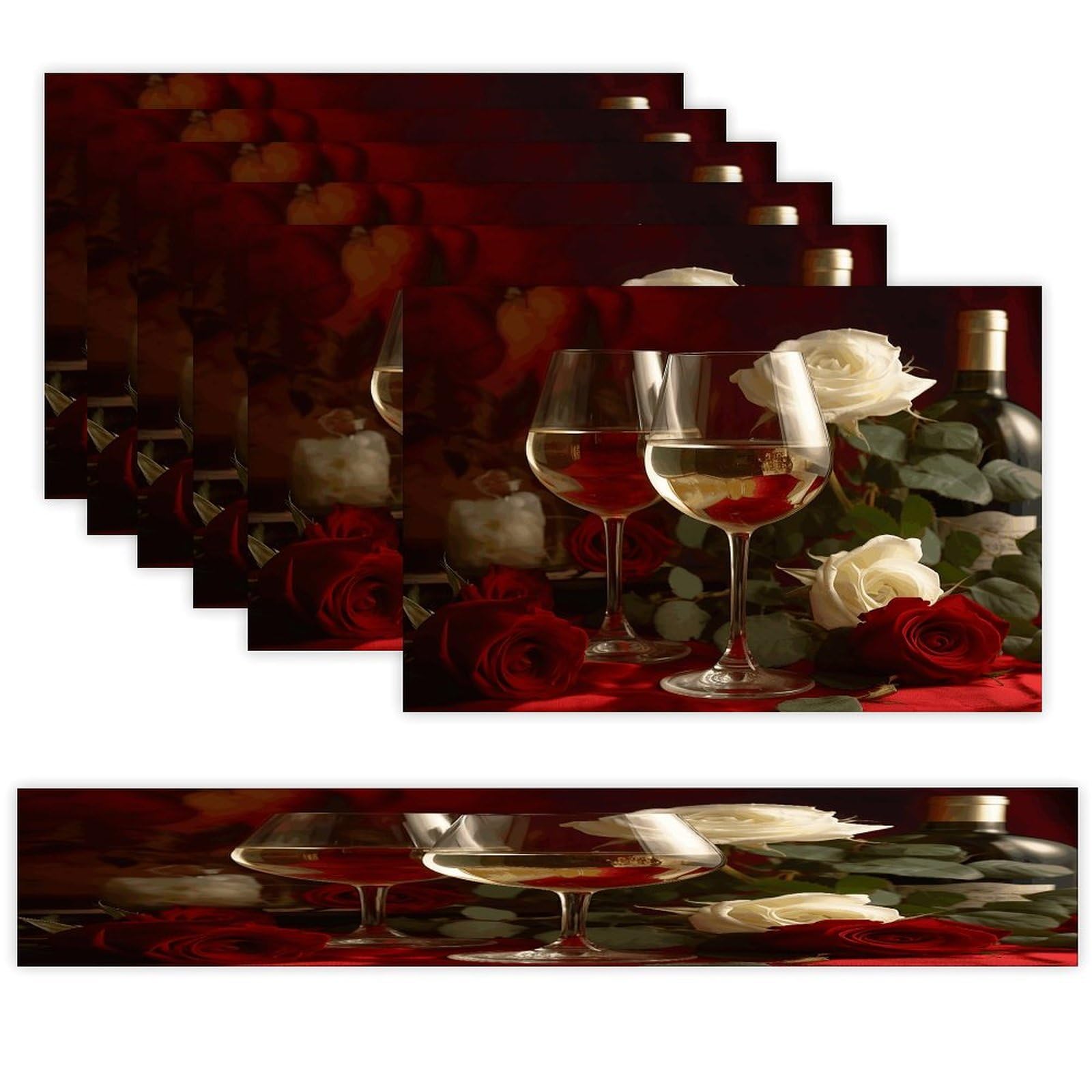 Roses on Table Table Runner and Placemats Set of 6 for Kitchen Washable Table Mats Heat Resistant Place Mats Non-Slip Place Mat Wipeable Placemat(6 Placemats+1 Table Runner)