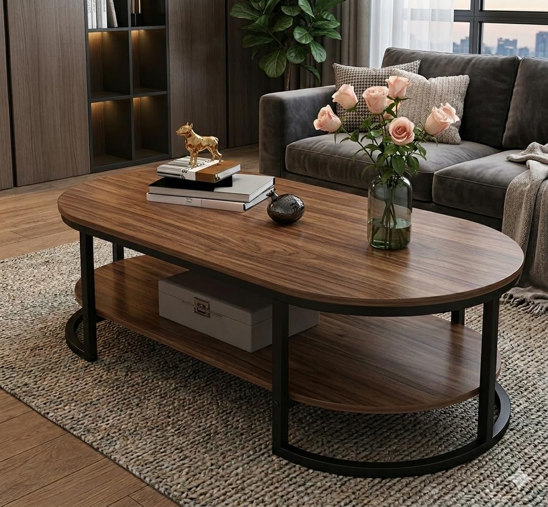 Stylish 2-Tier Coffee Table with Engineered Wood Top & Gold Metal Frame, Modern Elegant Center Table for Living Room, Office & Lounge (Brown Black)-image-16