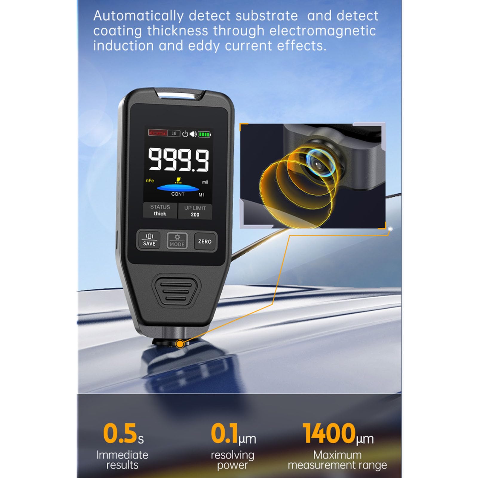 Compteur d'épaisseur de peinture polyvalent avec plusieurs options d'unité - Testeur d'épaisseur de revêtement efficace pour automatisme et utilisation industrielle - Détecteurs de peinture de haute