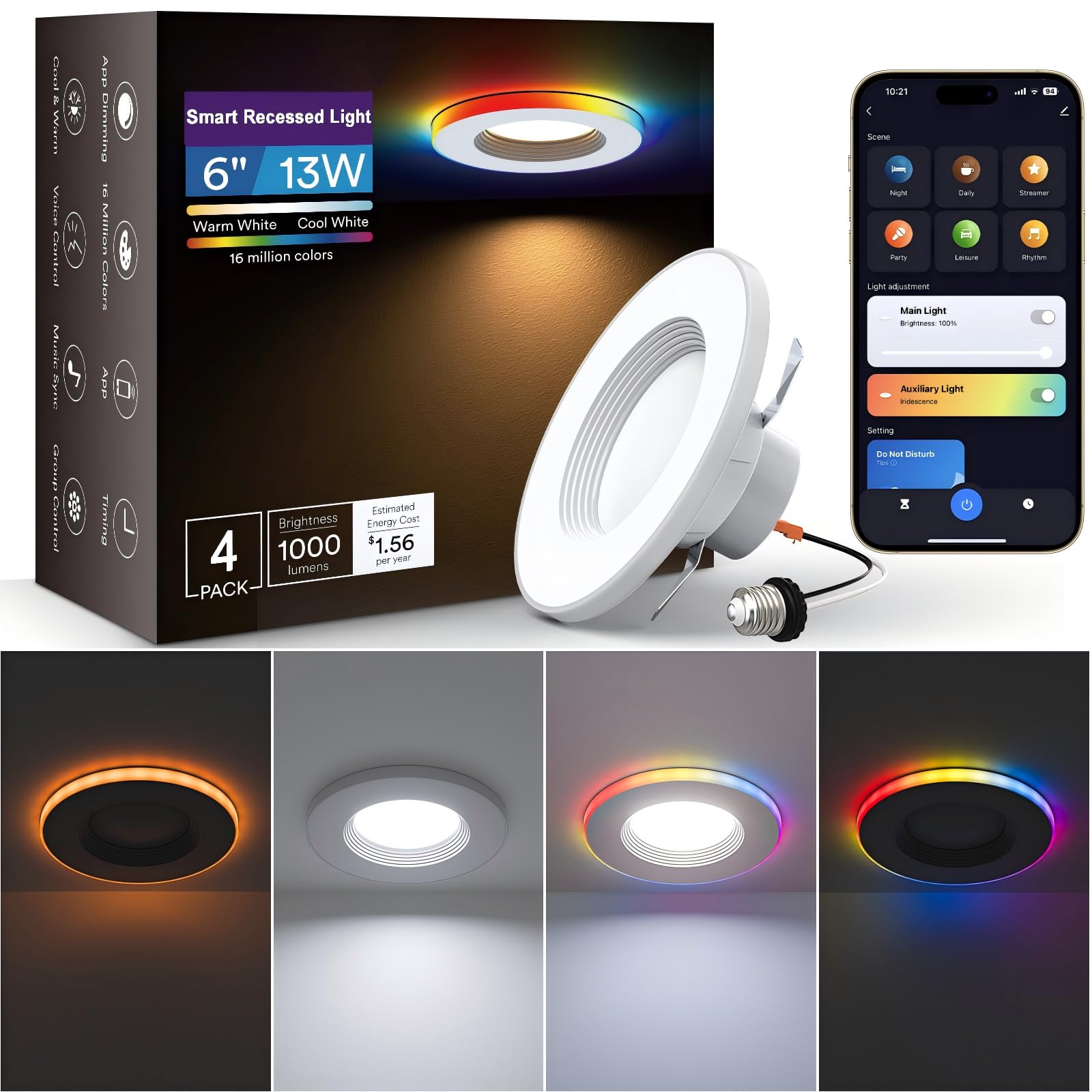 Smart Recessed Lighting 6 Inch, Dual Light RGBCW LED Can Lights