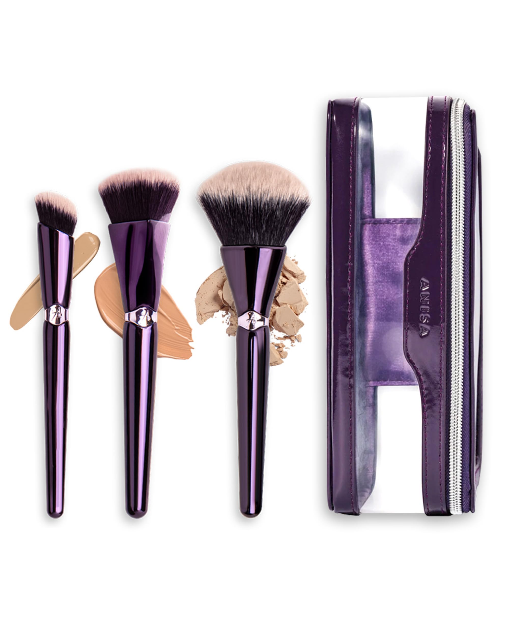 Anisa Beauty Starter Everyday - Juego de 3 brochas de maquillaje esenciales | Para aplicación de base, corrector y polvo: fibras sintéticas suaves para un acabado impecable y sin manchas