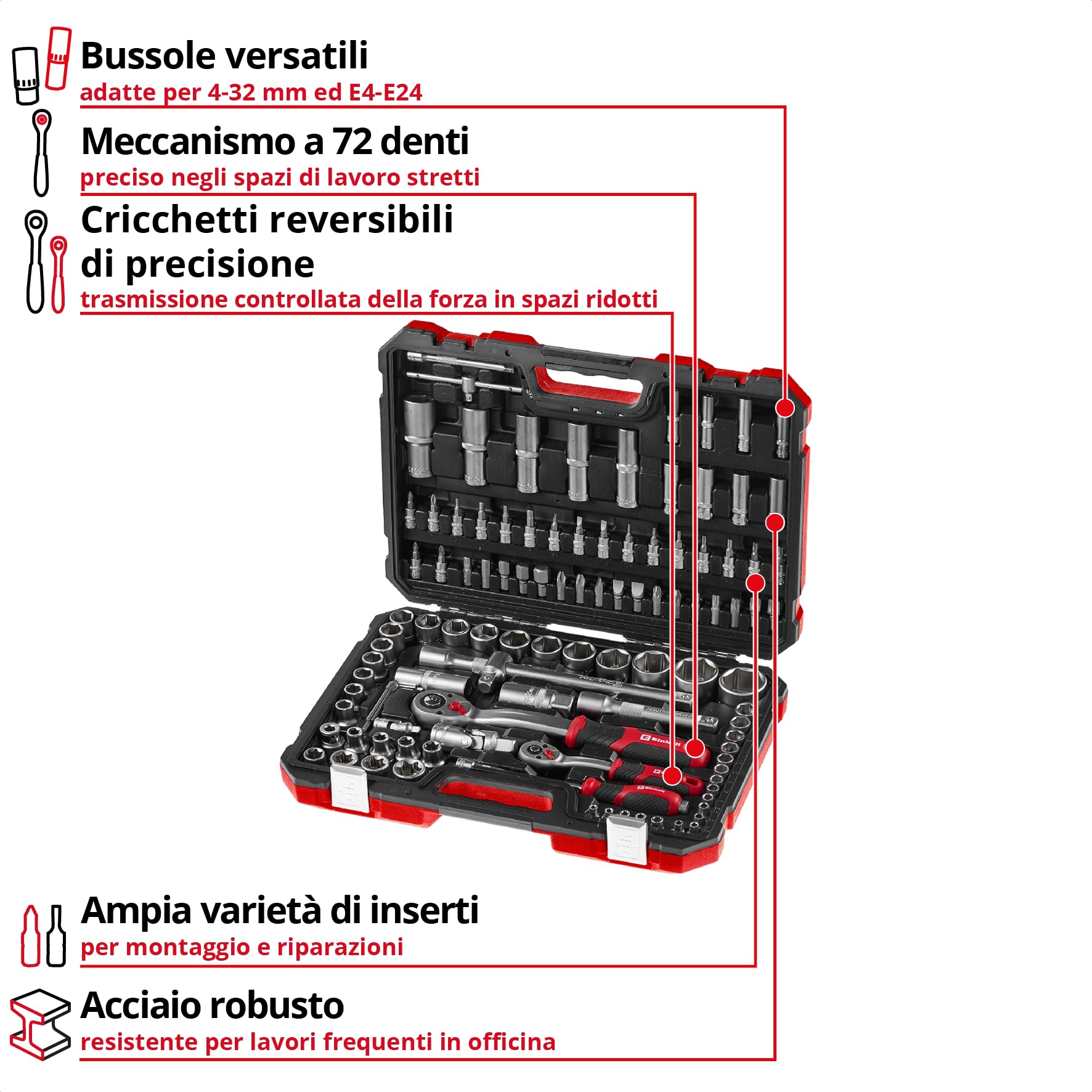 Einhell 110 pezzi set di bussole e cricchetto | Set di bussole | cricchetti | assortimento di inserti | impugnatura per cacciavite | chiavi esagonali | valigetta inclusa