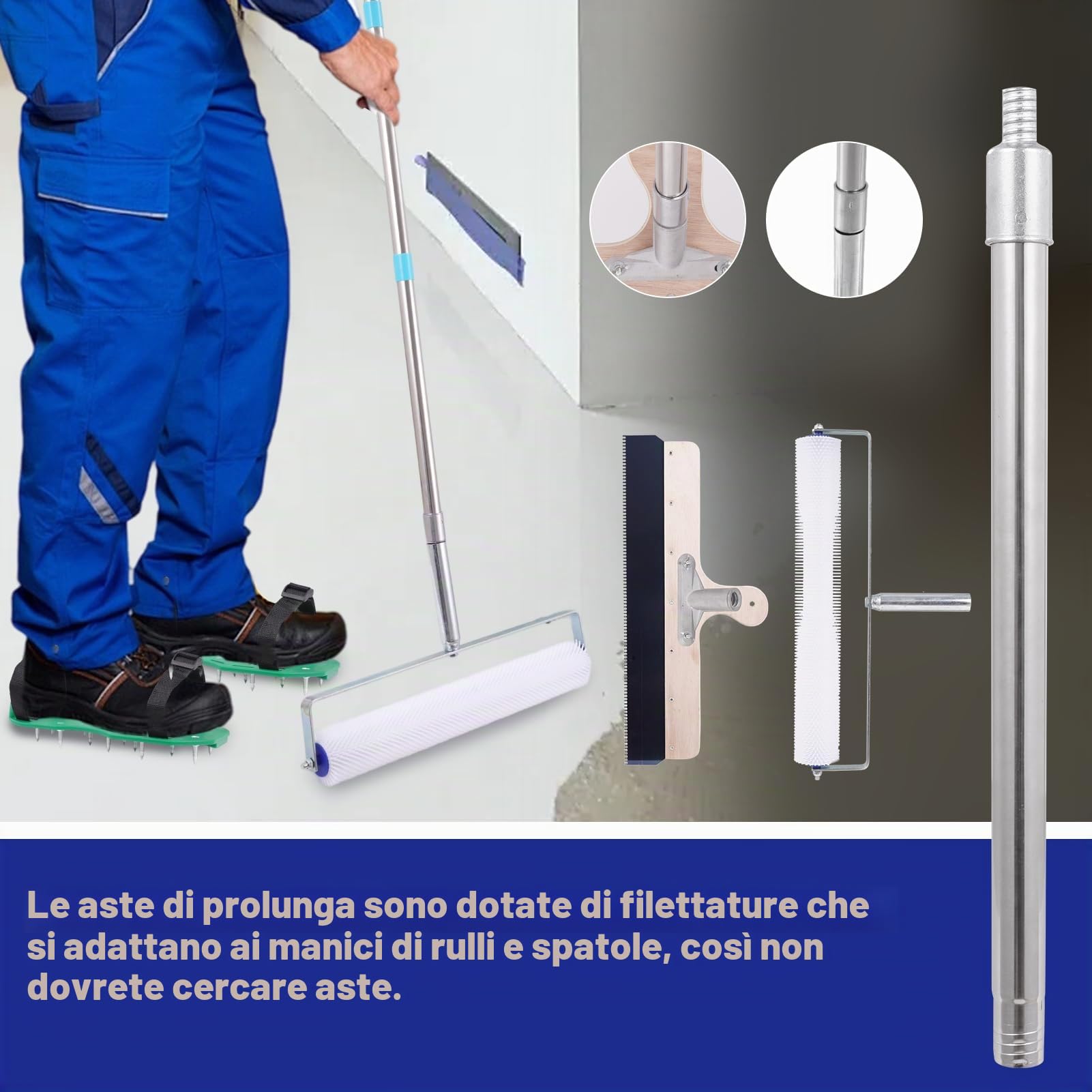Set di attrezzi per cemento autolivellante, rullo per cemento autolivellante, set di pavimenti epossidici, scarpe per pavimenti epossidici, utensili in calcestruzzo, raschietto in acciaio inox, con