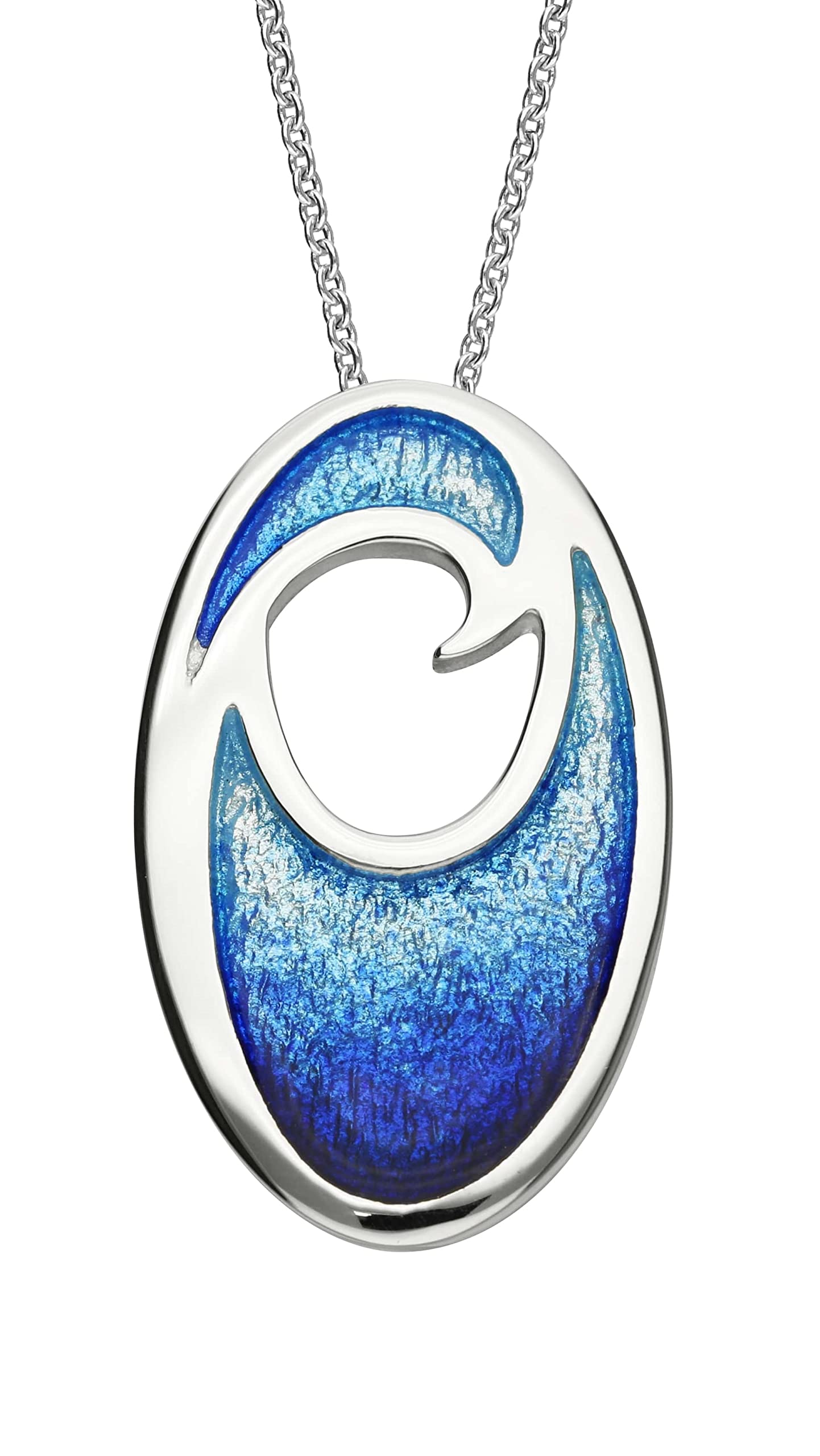 ORTAK 925 Sterling Silver Handmade Pendant Necklace Hot Glass Hand Enamel Coastal Oval Wave Design High Polished Scottish Fine Jewellery Made In Scotland
