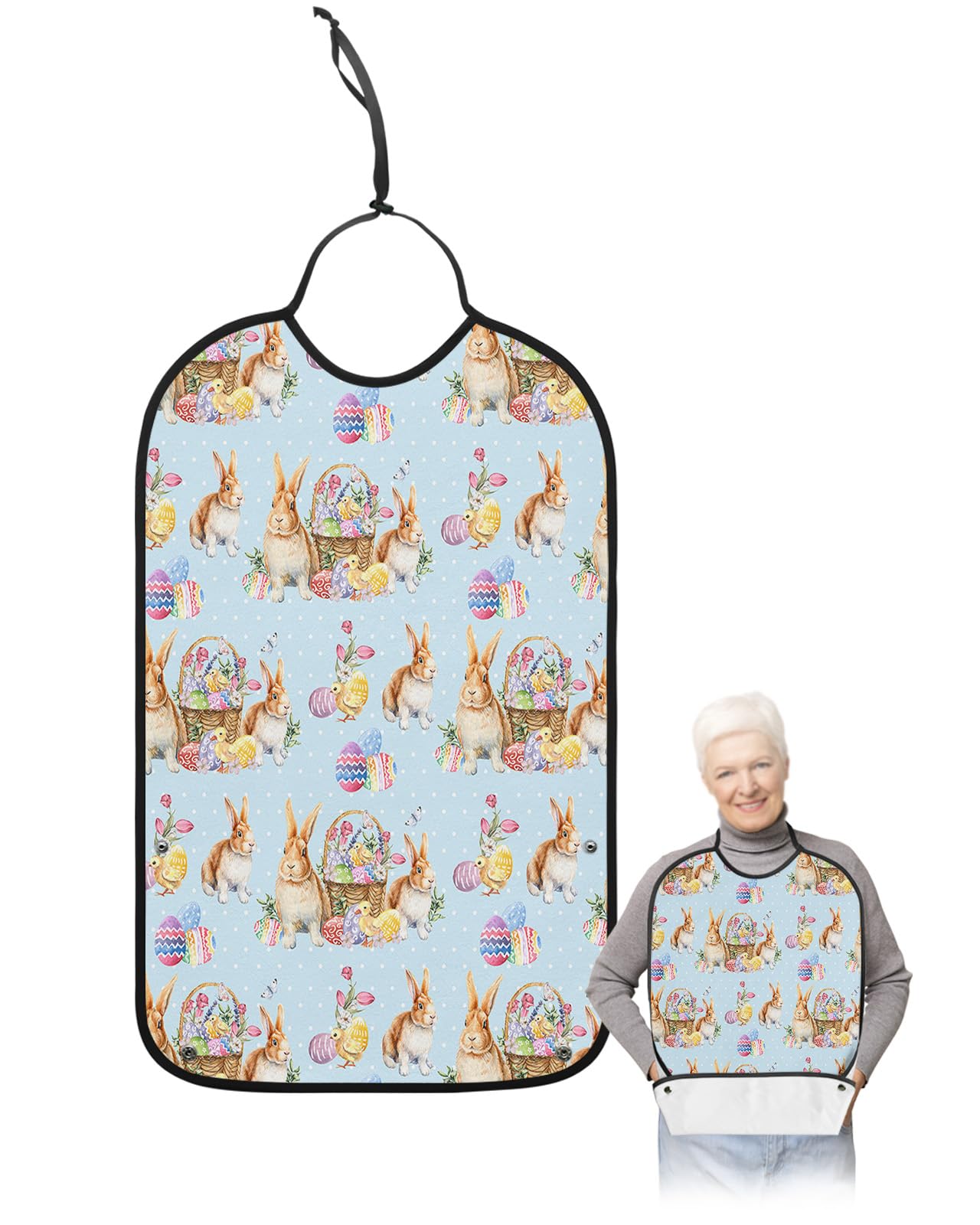 Spring Easter Adult Bibs for Eating, Waterproof Bibs with Food Catcher & Adjustable Snap Closure, Bunny Colorful Eggs Easter Basket Polka Dot Clothing Protectors Adult Bibs for Elderly Women/Men