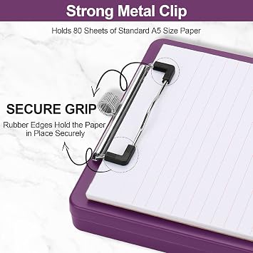 Meiikun Small Clipboard with Storage, A5 Clipboards with Pen Holder, Half Letter Clip Boards 6x9 Mini Plastic Clipboard with Low Profile Clip for Classroom, School, Office Supplies (Purple)