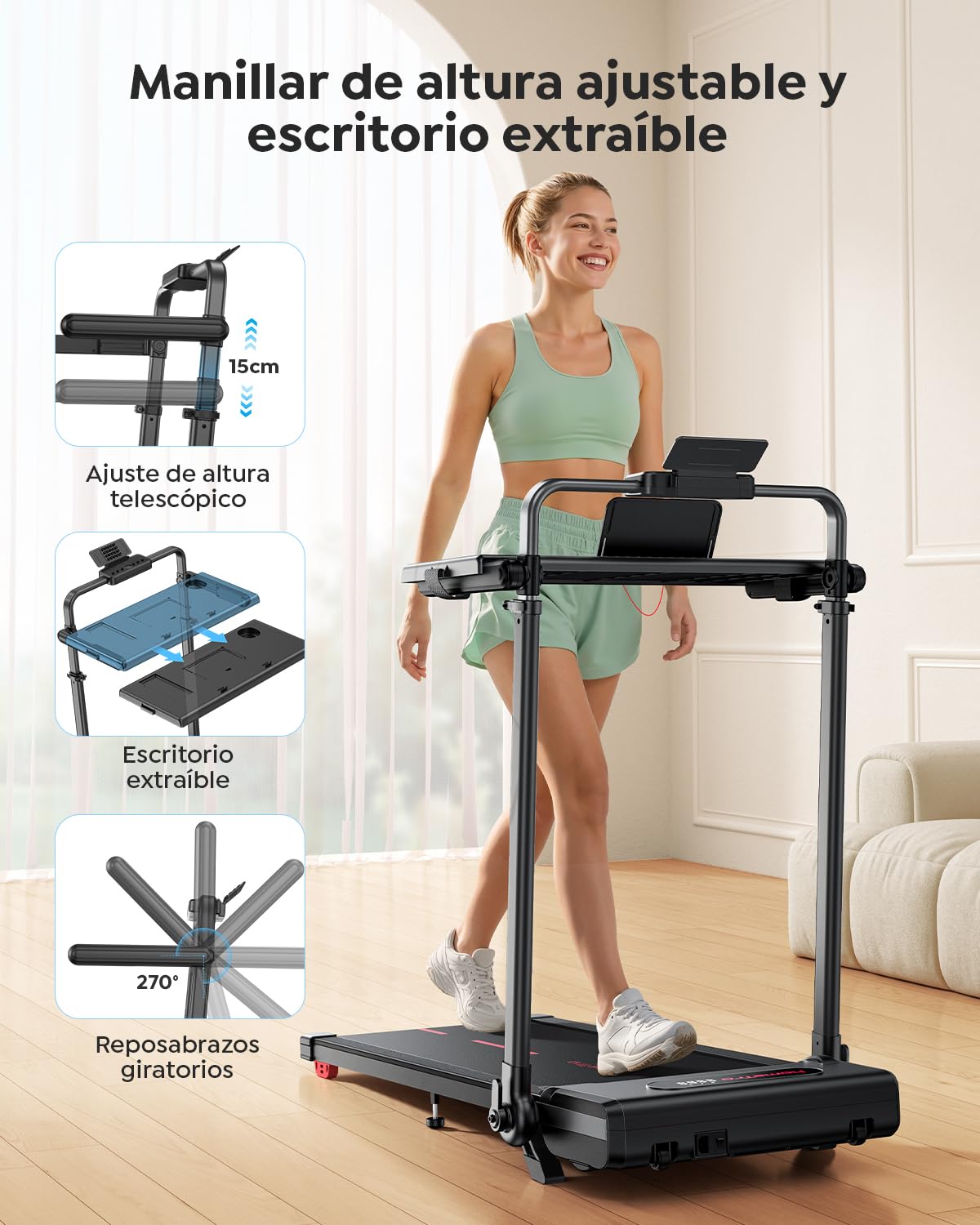 Cinta de Correr Hometro 3.0 CV Plegable con Inclinación 7%, 12 km/h, Pantalla Dual y Pasamanos Ajustables para Escritorio