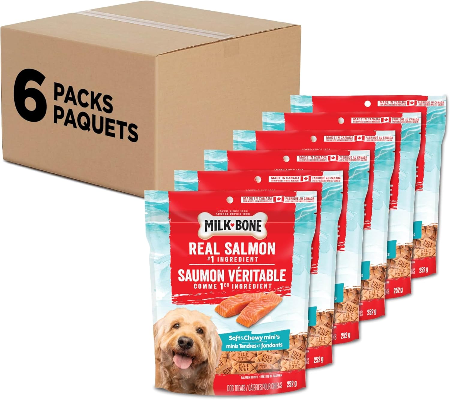 Milk-Bone Soft & Chewy Dog Treats, Tender Oven Baked Snacks Made with Tasty Wholesome Ingredients, Mini’s, Real Meat Salmon Recipe 252 g (Pack of 6)