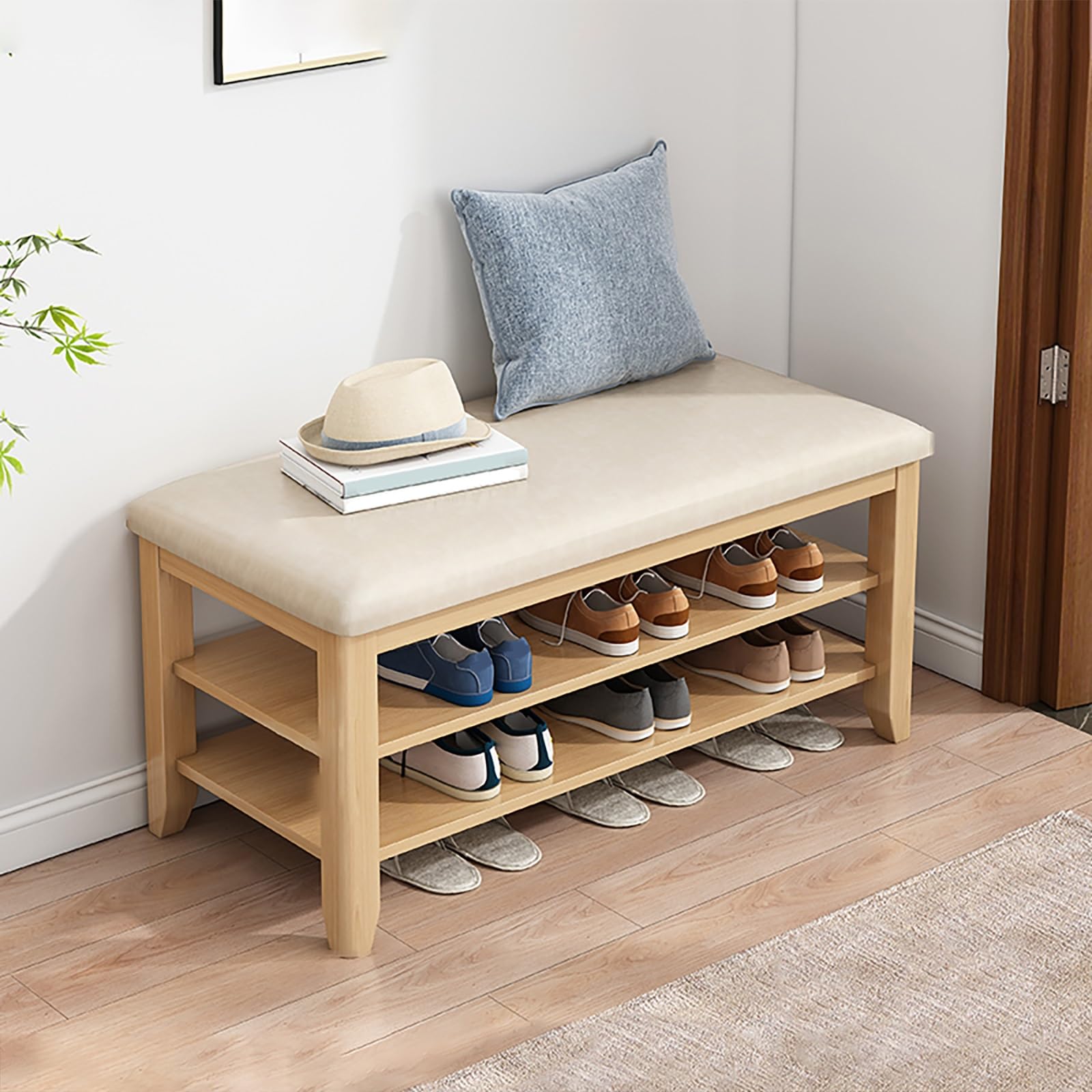 Banc porte-chaussures compact bois, meuble rangement chaussures entrée