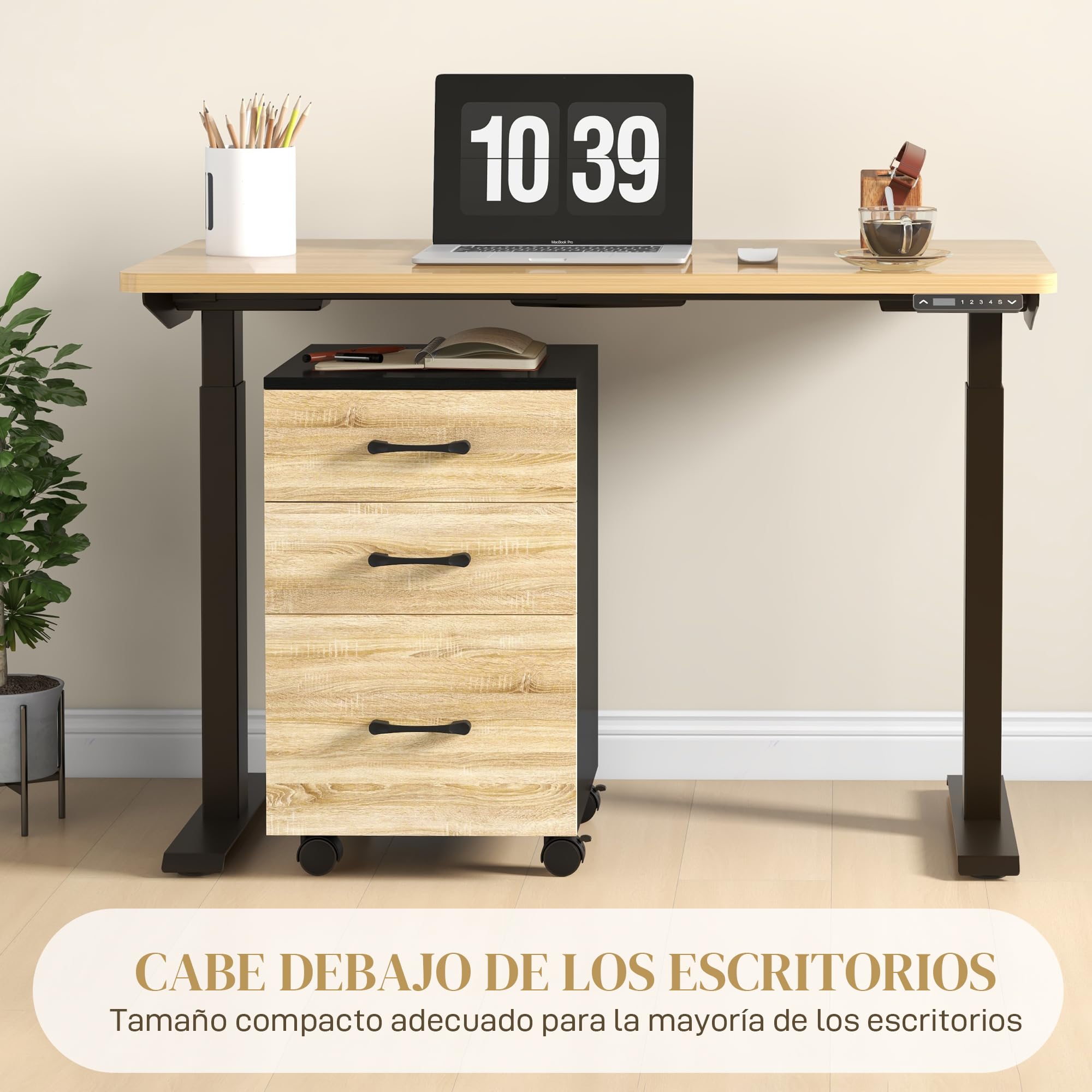 HOMCOM Cajonera de Oficina Mueble Archivador con 3 Cajones para Tamaño A4 Carta 4 Ruedas para Salón Estudio 40x42x65 cm Roble y Negro