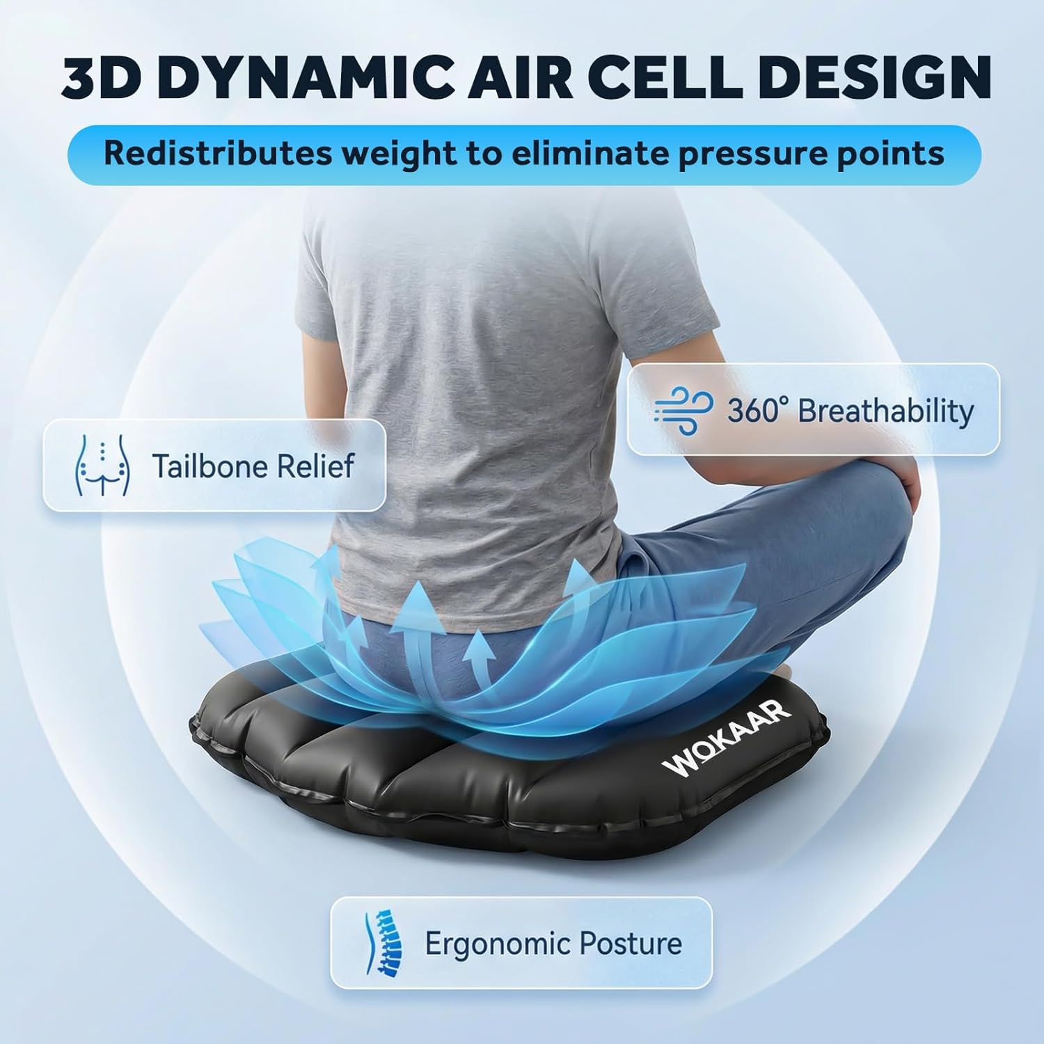 Inflatable Airplane Seat Cushion with Memory Foam | 3D Scalloped Air Baffles | Sit-to-Adjust Firmness | 2-in-1 Seat Pad & Lumbar Support, Tailbone Relief | 30s Inflate & 1s Deflate | Travel & Office